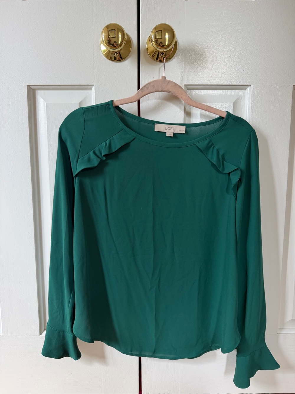 LOFT Emerald Green Long-Sleeve Ruffle Shoulder Blouse